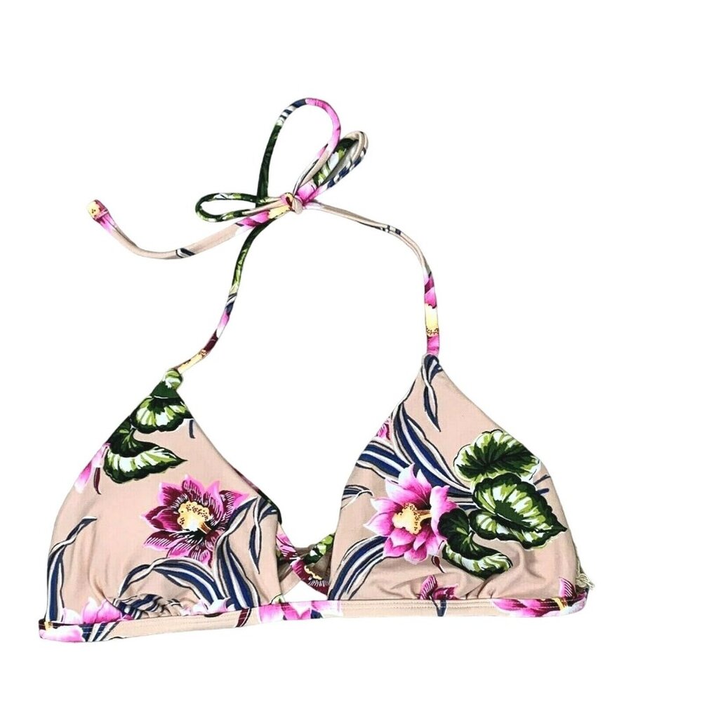 Tori Praver Seafoam Bikini Top size L Floral Pink Tropical Criss Cross Front Tie